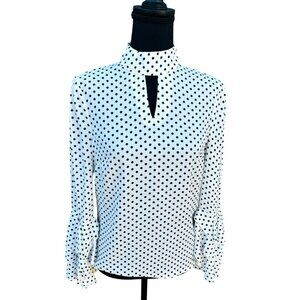 Boston Proper Black White Polka Dot Blouse Ruffled Bell Sleeves Keyhole Neckline